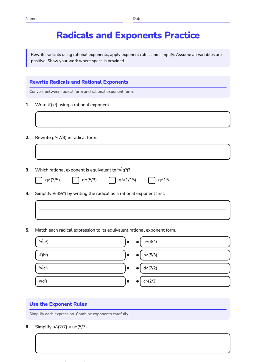 Radicals and Exponents Practice worksheet preview