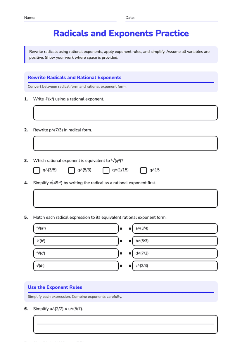 Radicals and Exponents Practice