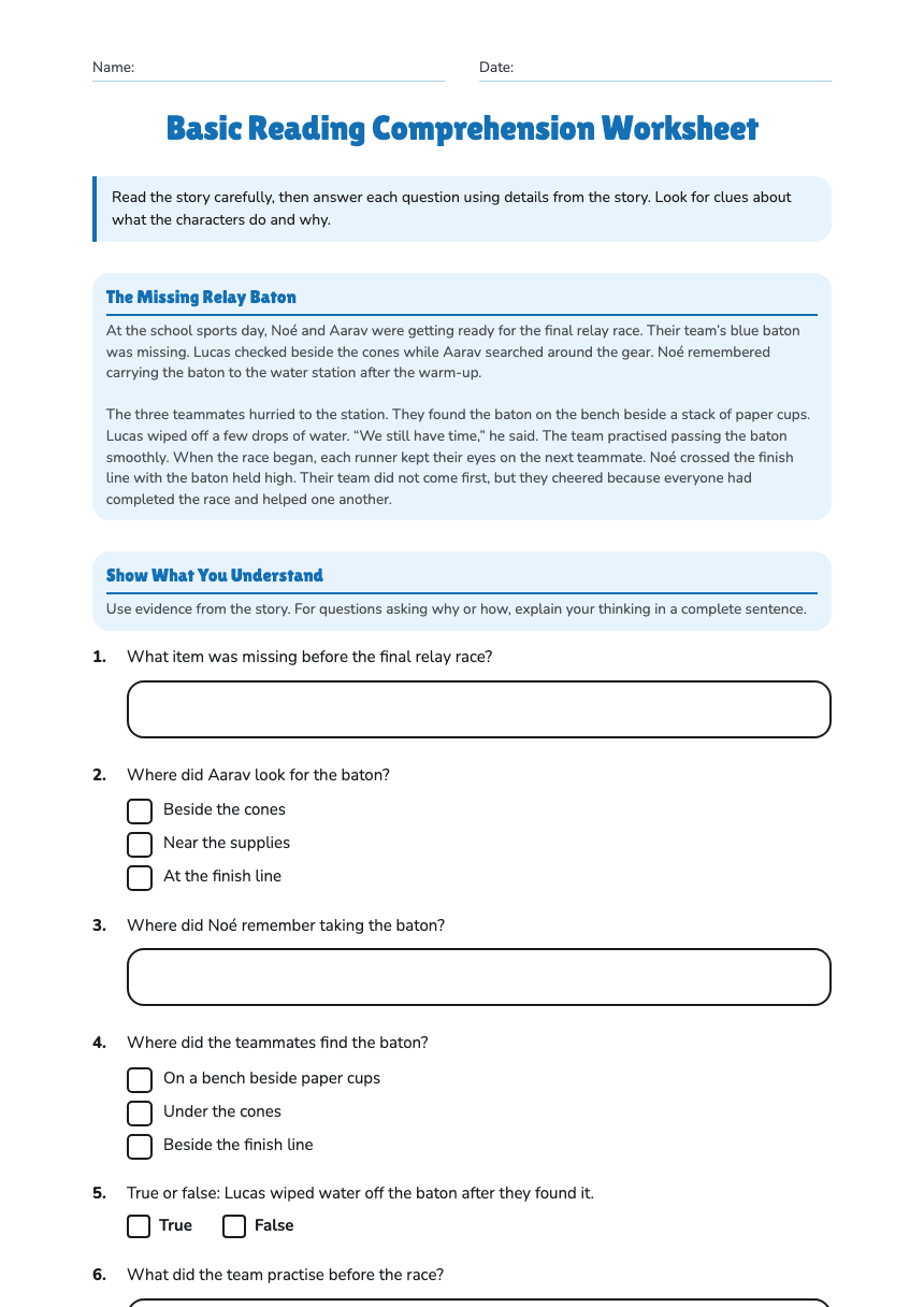 Basic Reading Comprehension Worksheet worksheet preview