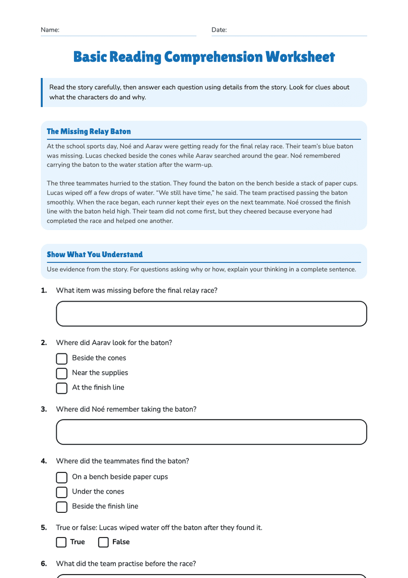 Basic Reading Comprehension Worksheet