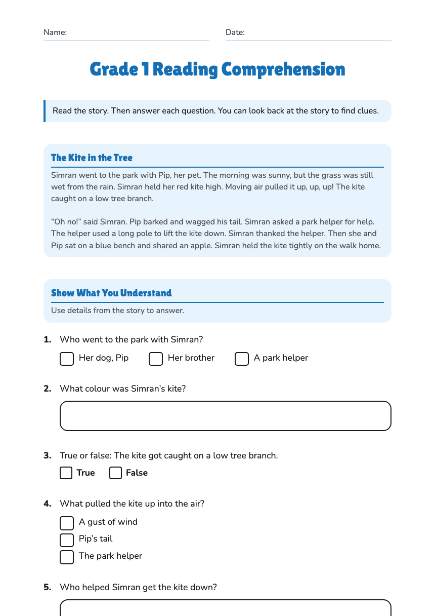 Grade 1 Reading Comprehension worksheet preview