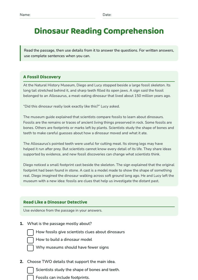 Dinosaur Reading Comprehension