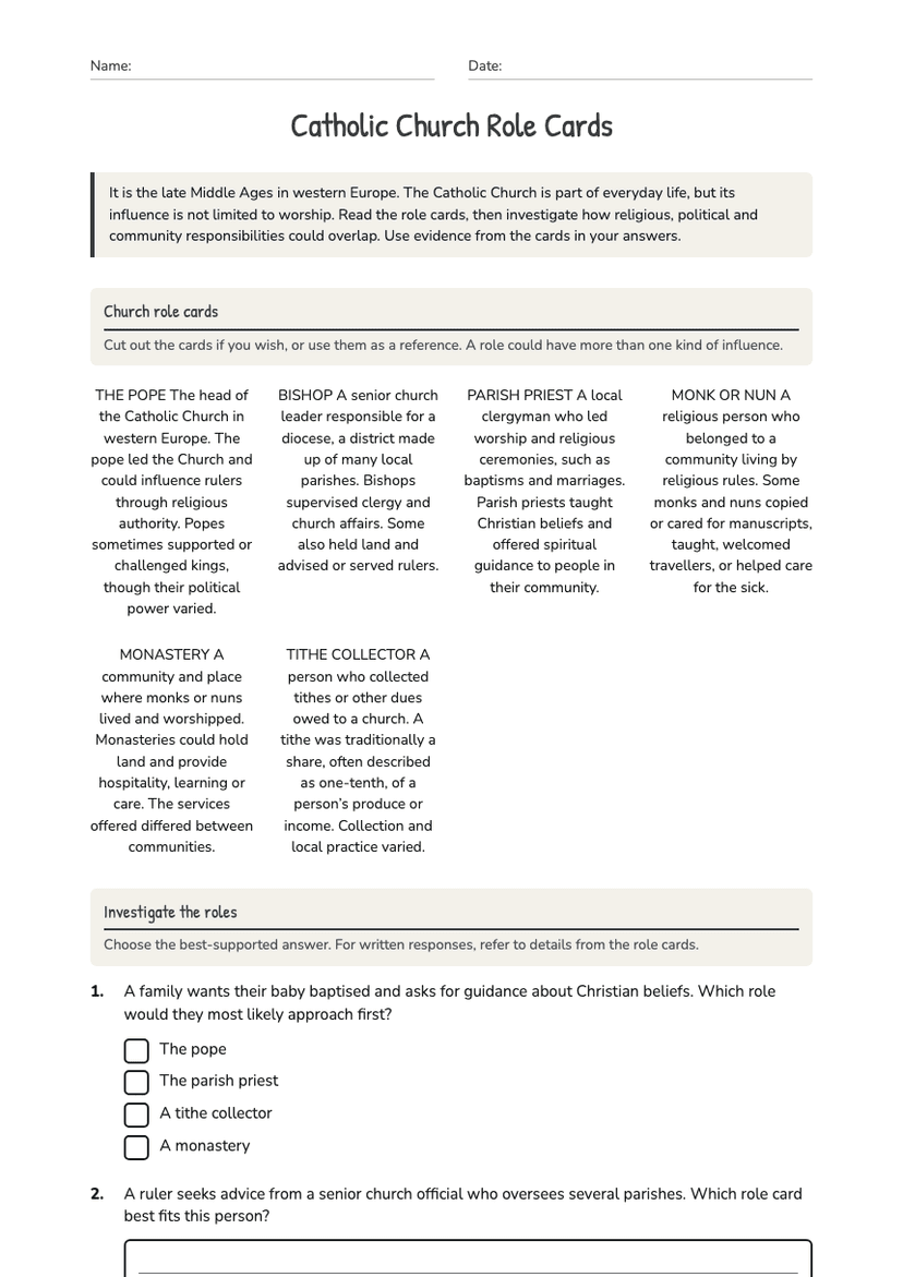 Catholic Church Role Cards