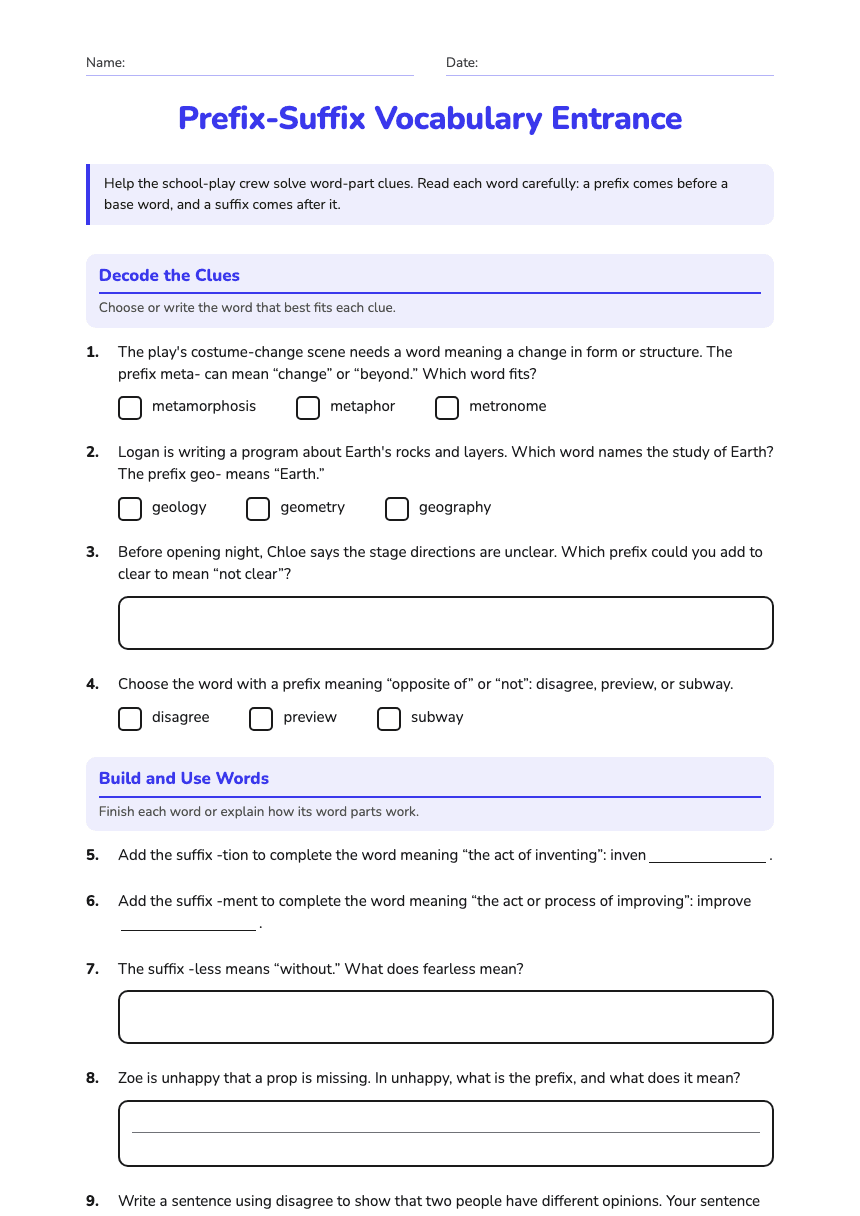 Prefix-Suffix Vocabulary Entrance worksheet preview
