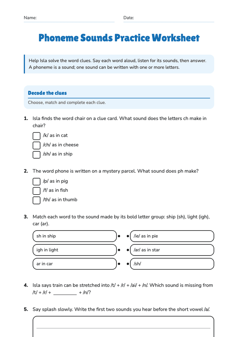 Phoneme Sounds Practice Worksheet