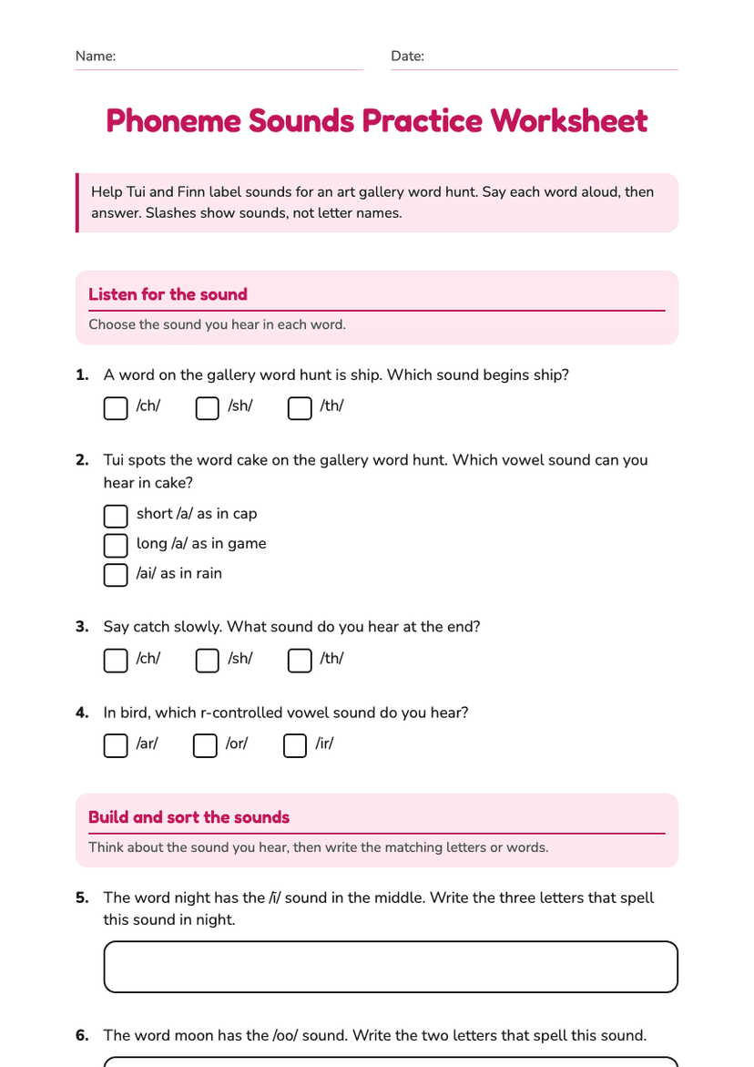 Phoneme Sounds Practice Worksheet