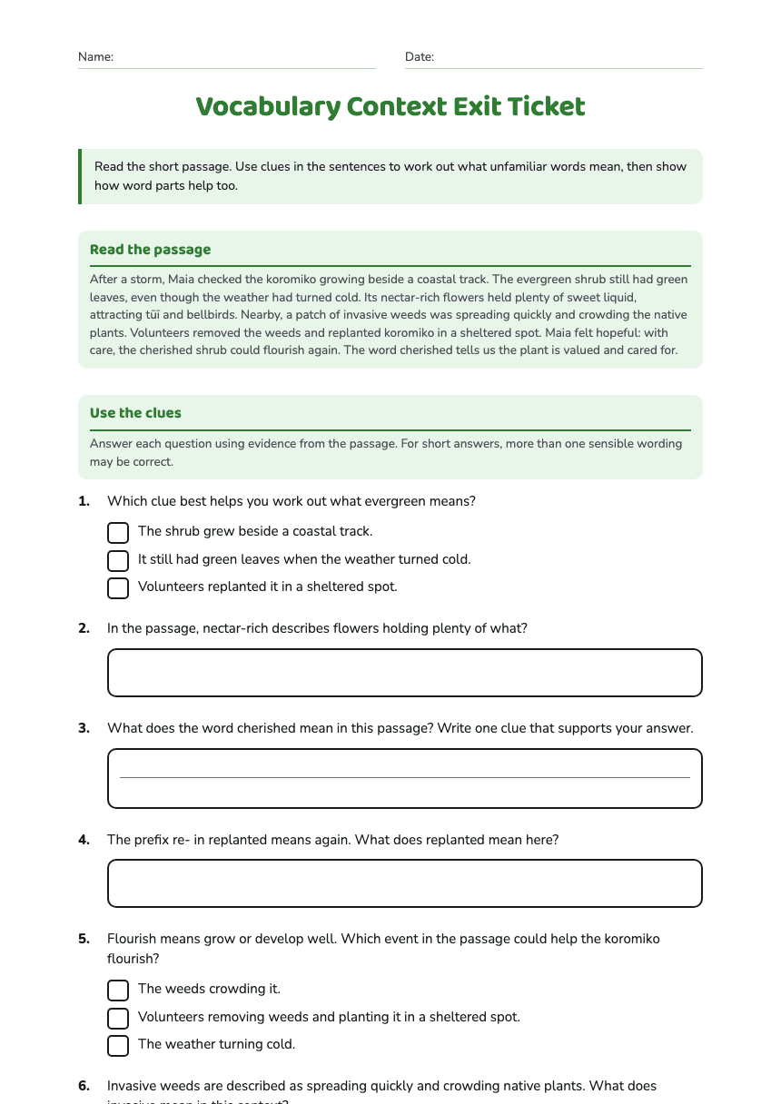 Vocabulary Context Exit Ticket worksheet preview