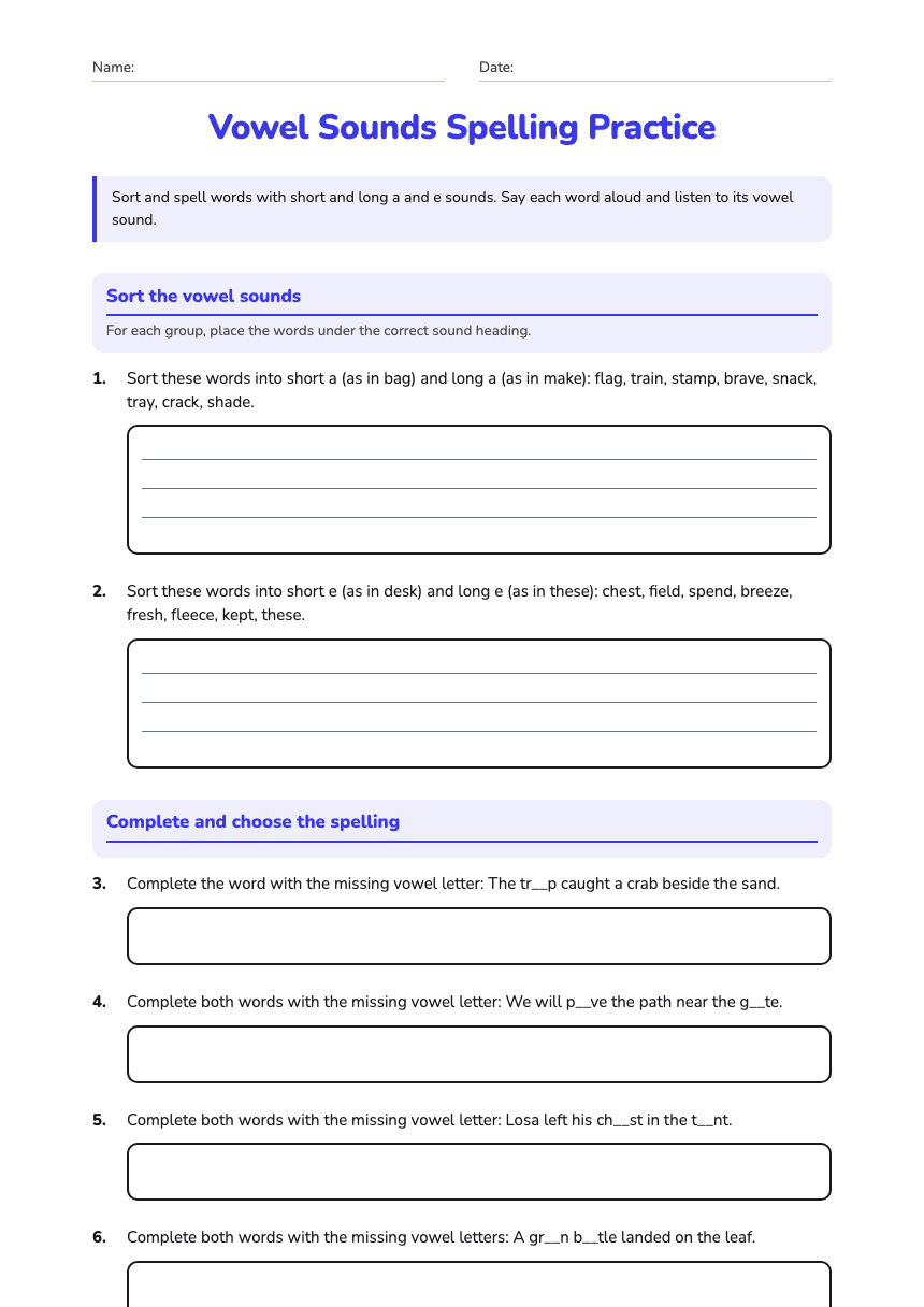 Vowel Sounds Spelling Practice worksheet preview