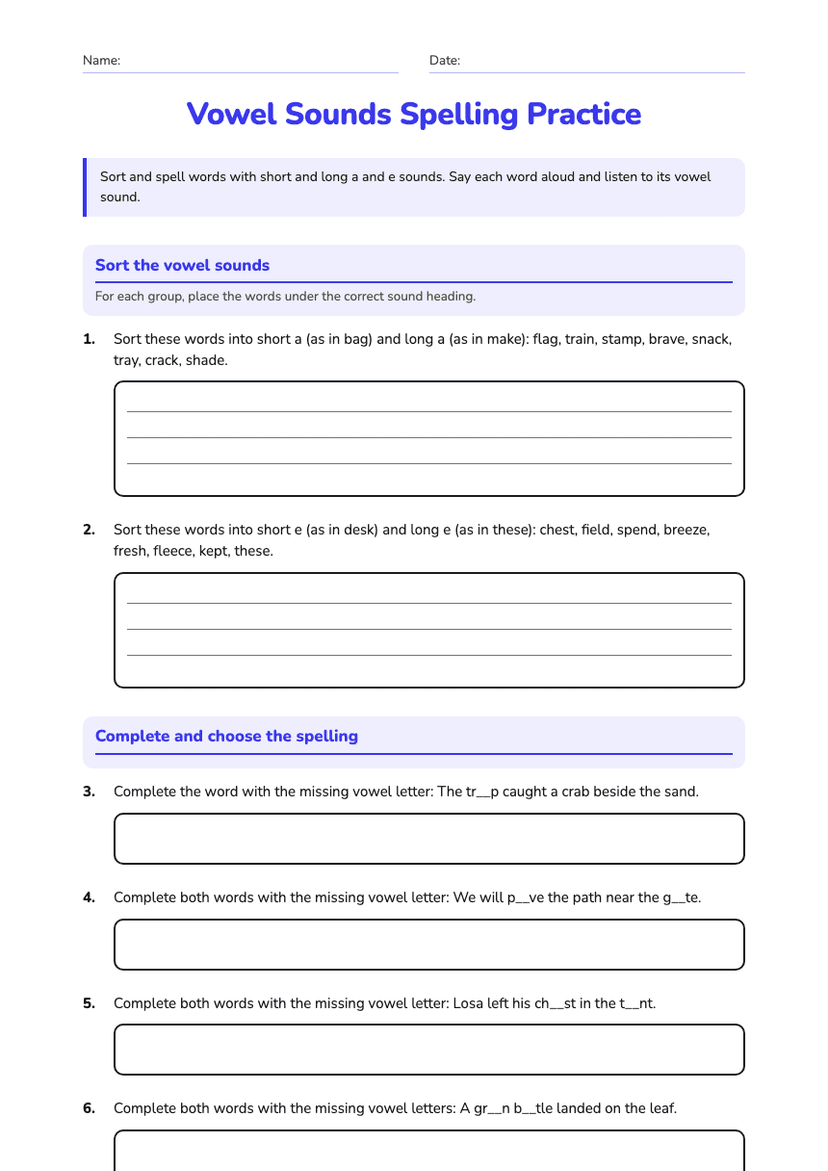 Vowel Sounds Spelling Practice