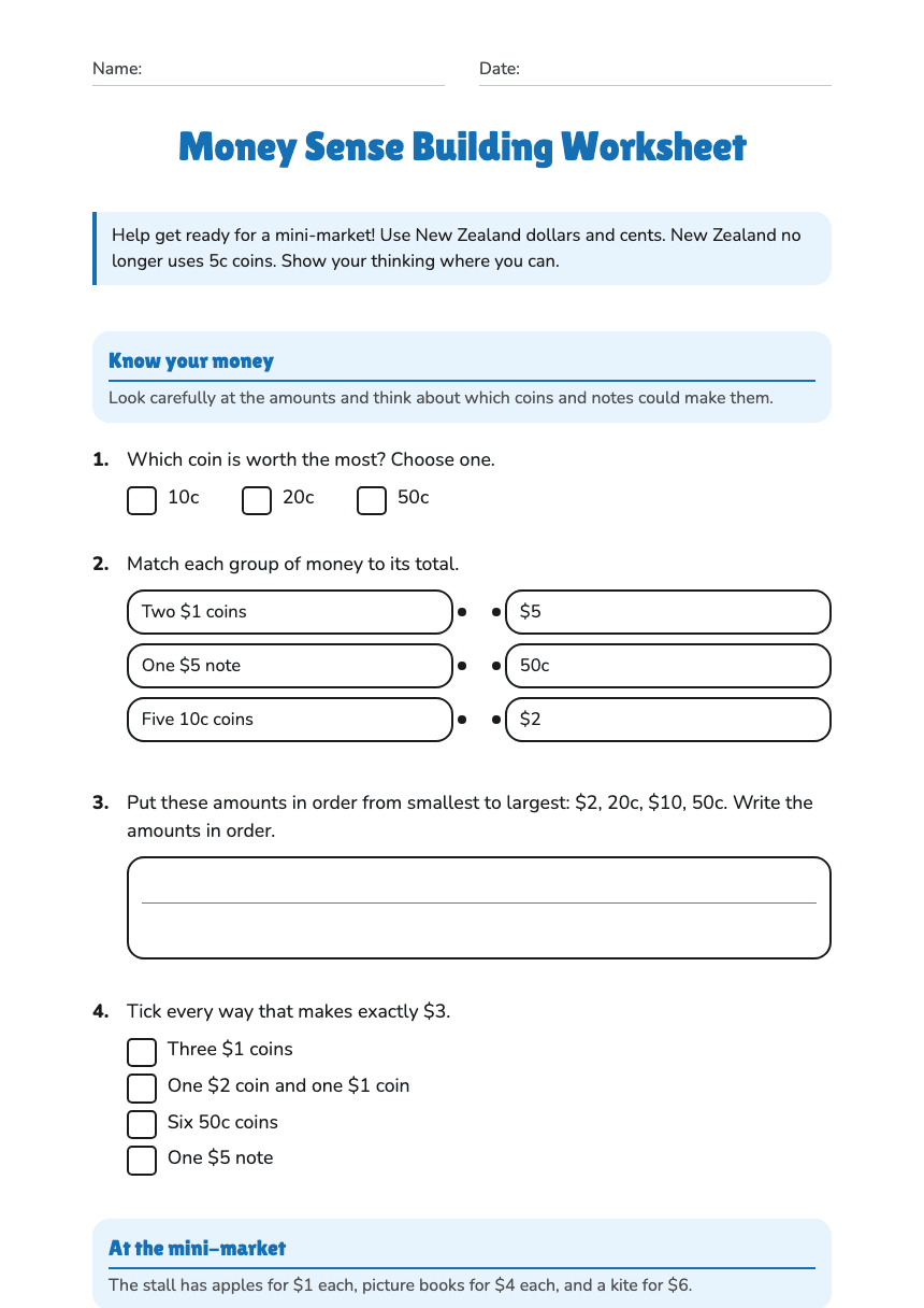 Money Sense Building Worksheet worksheet preview