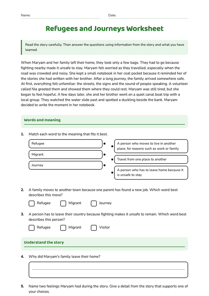 Refugees and Journeys Worksheet
