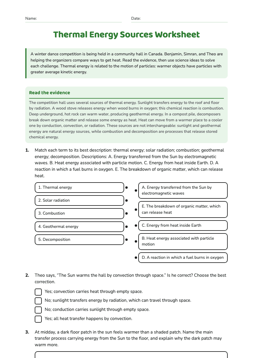 Thermal Energy Sources Worksheet worksheet preview