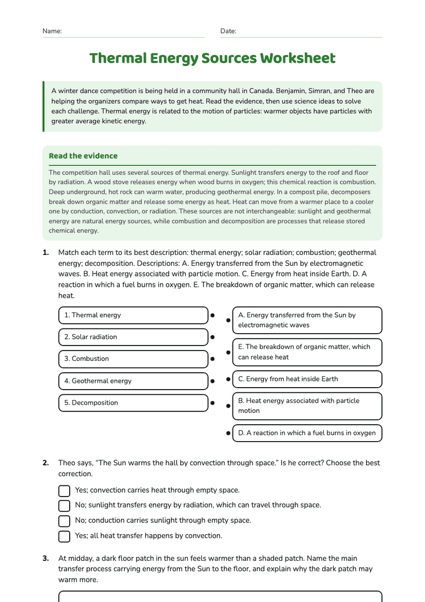 Thermal Energy Sources Worksheet
