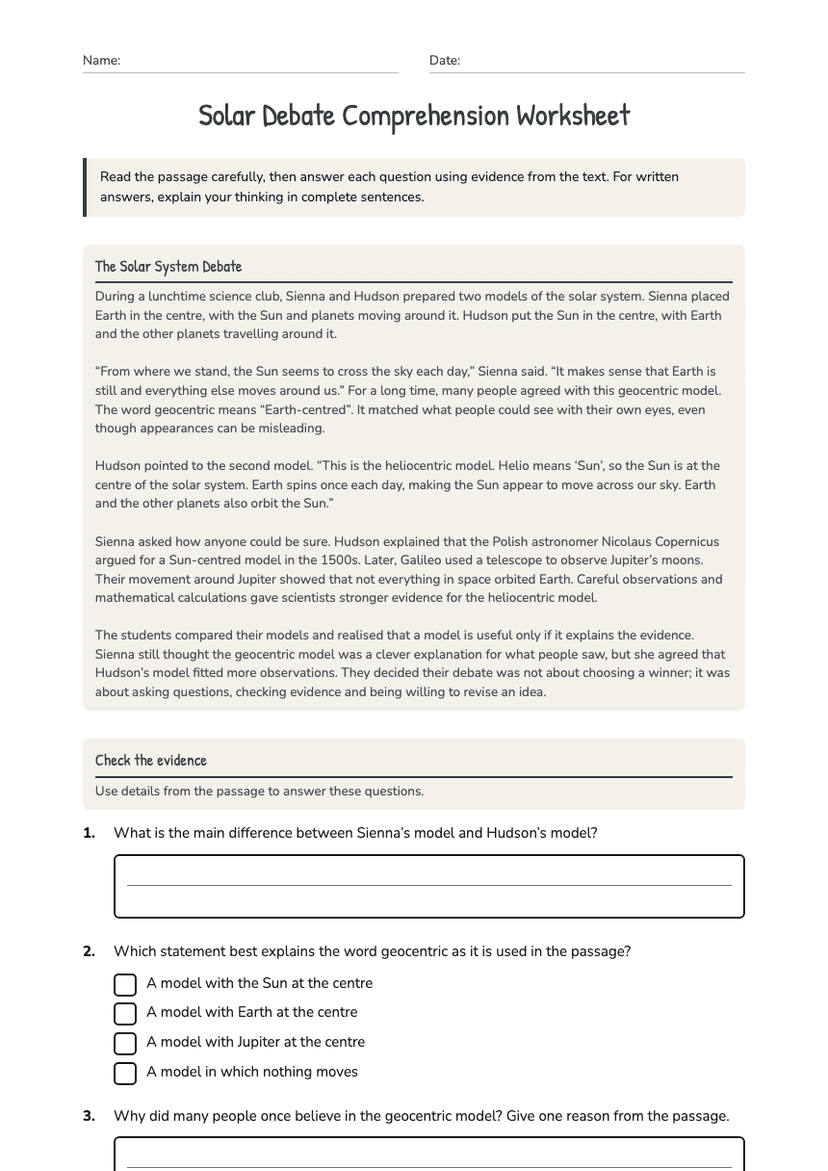 Solar Debate Comprehension Worksheet