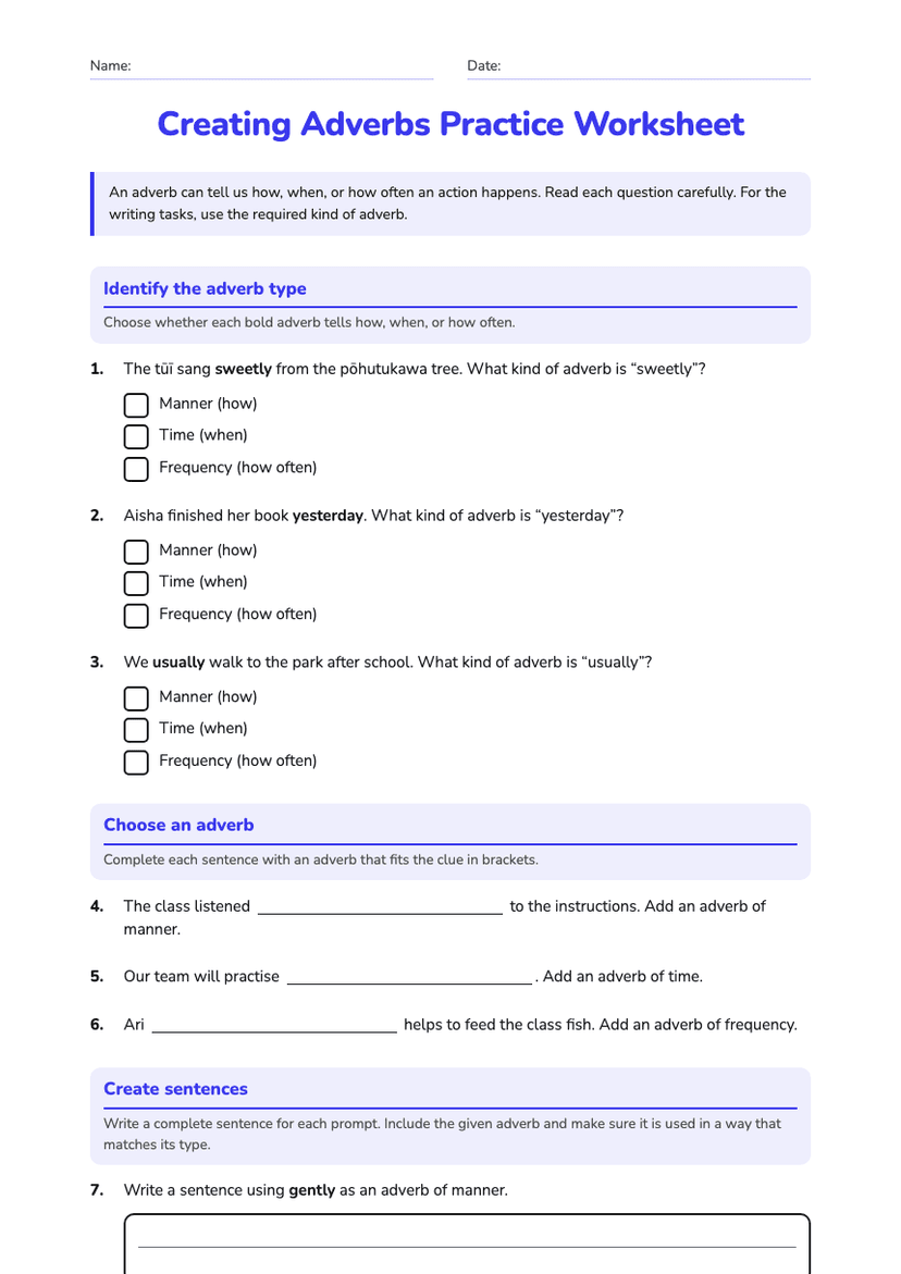 Creating Adverbs Practice Worksheet