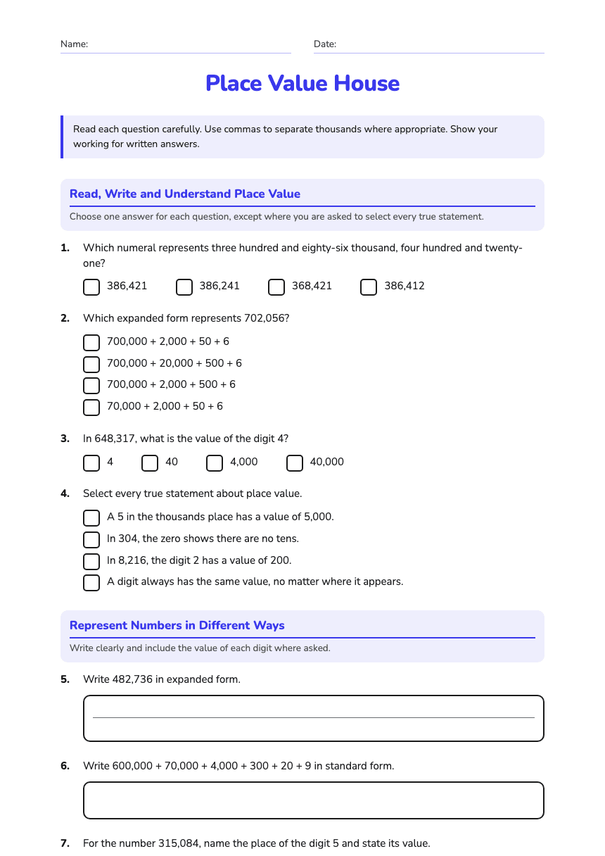 Place Value House worksheet preview
