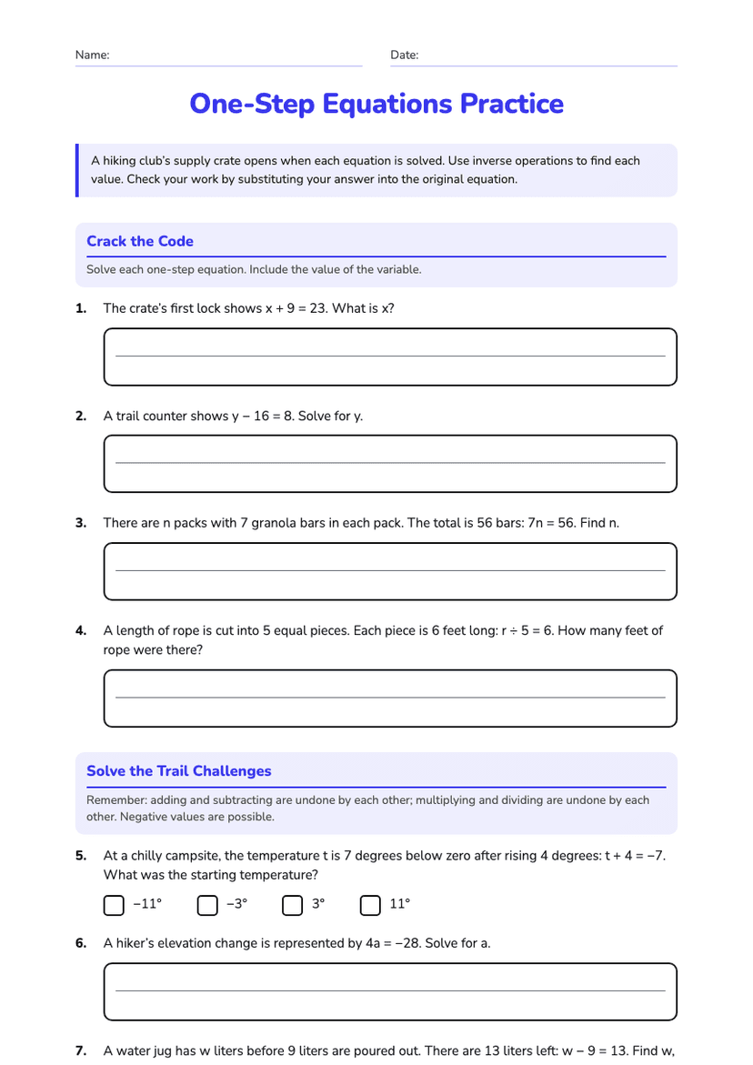 One-Step Equations Practice