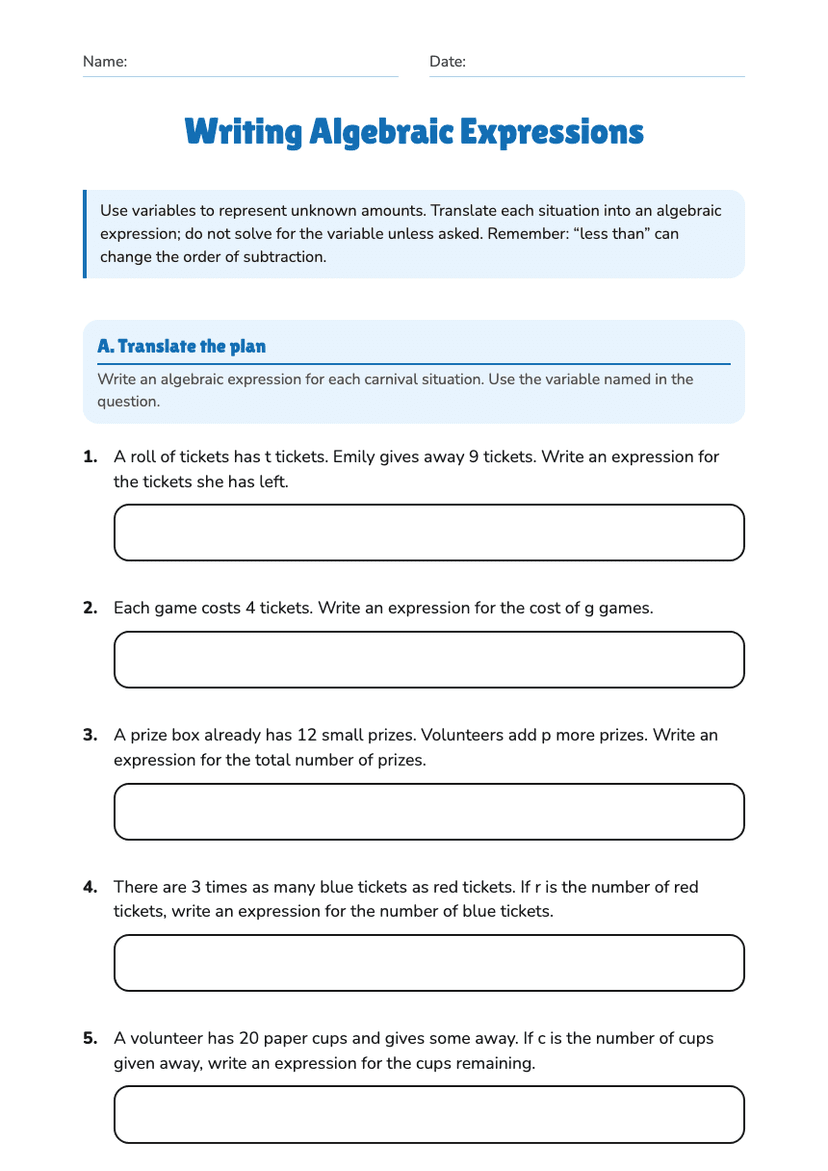 Writing Algebraic Expressions