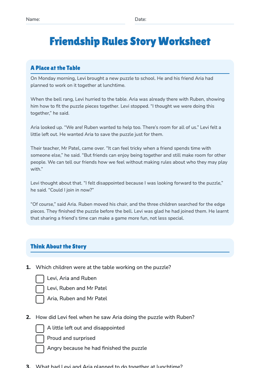Friendship Rules Story Worksheet worksheet preview
