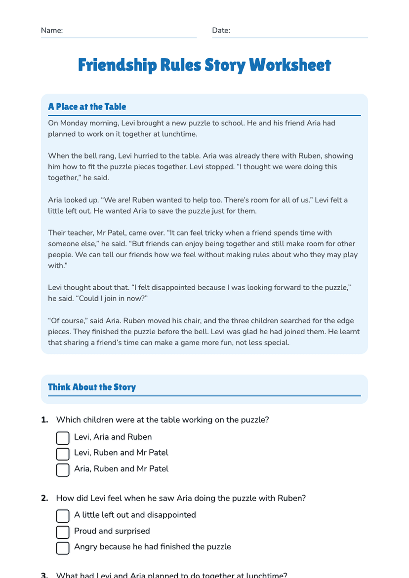 Friendship Rules Story Worksheet