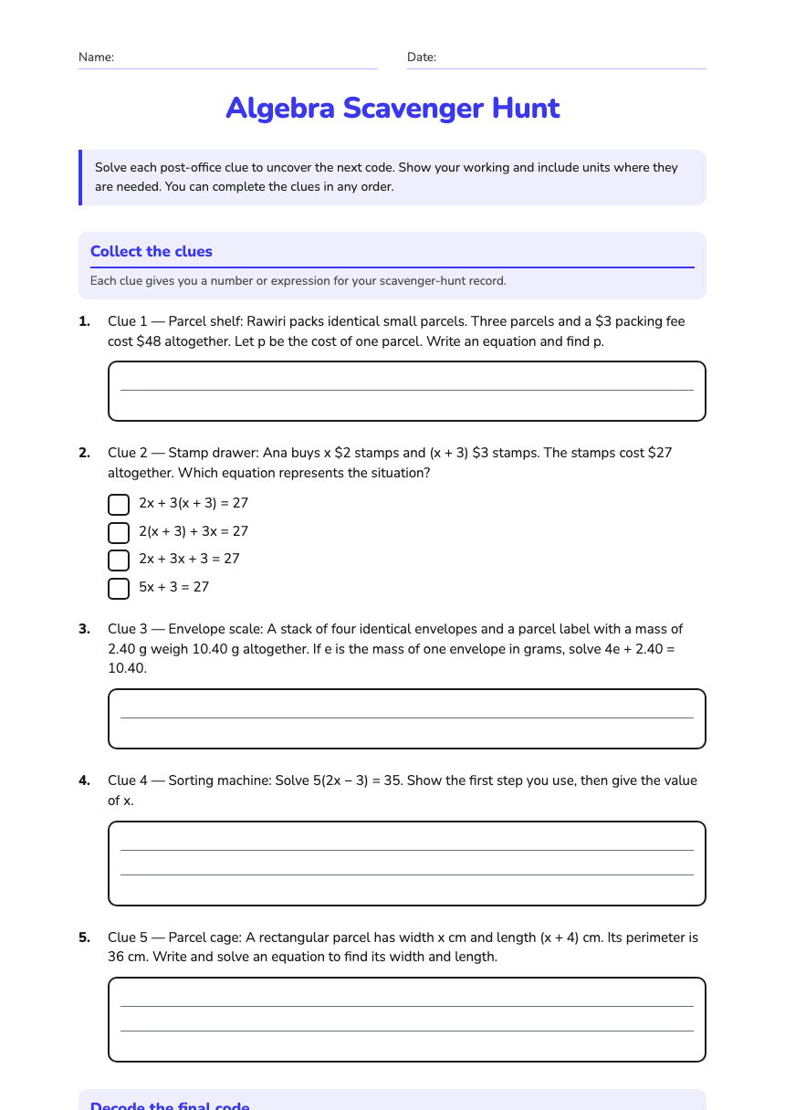 Algebra Scavenger Hunt worksheet preview
