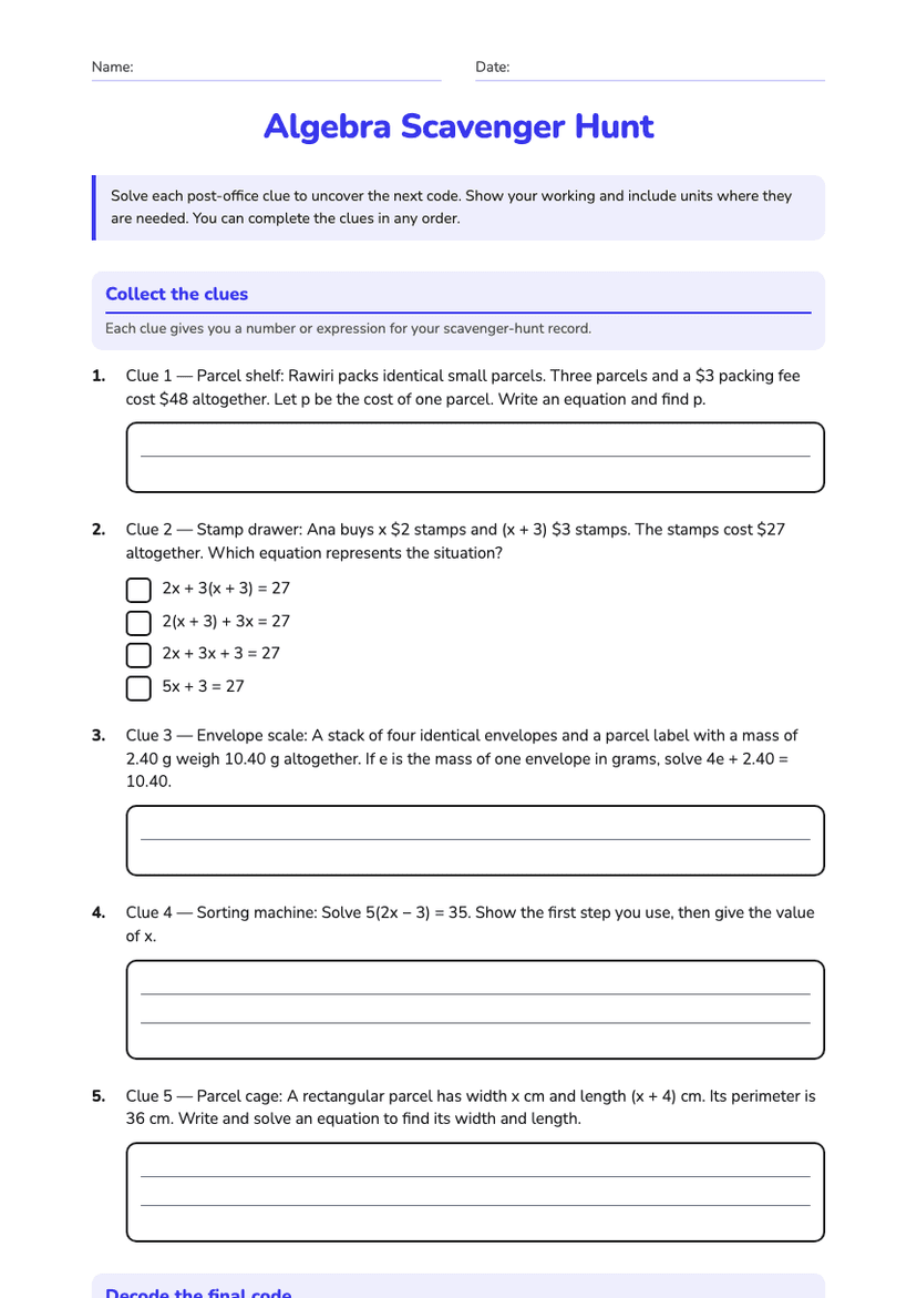 Algebra Scavenger Hunt