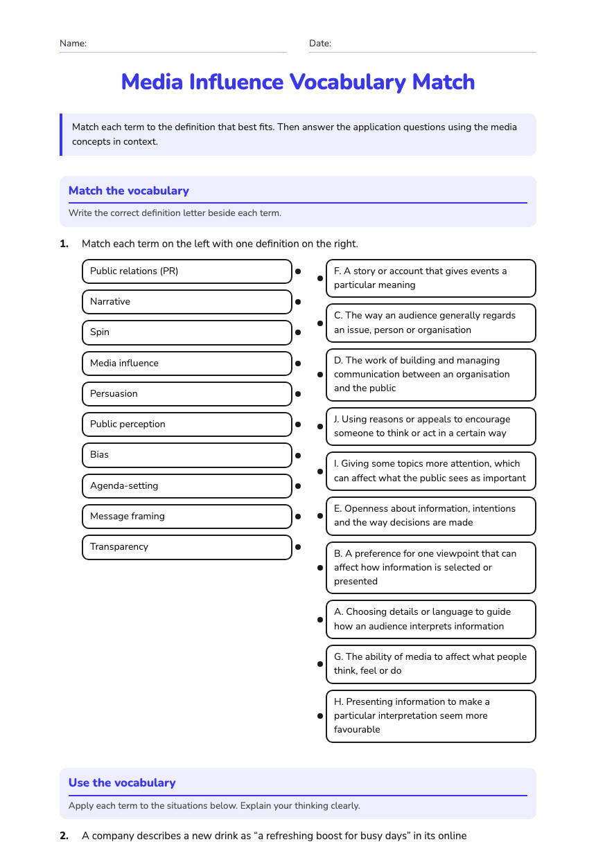 Media Influence Vocabulary Match worksheet preview