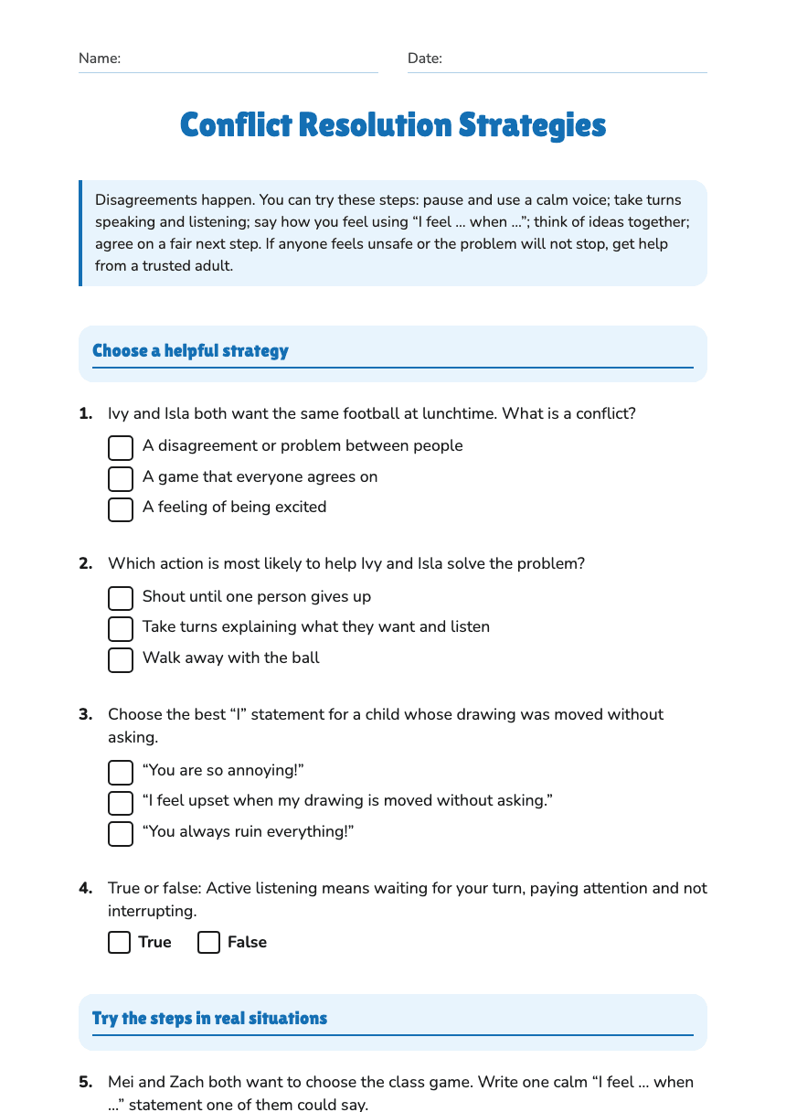 Conflict Resolution Strategies worksheet preview