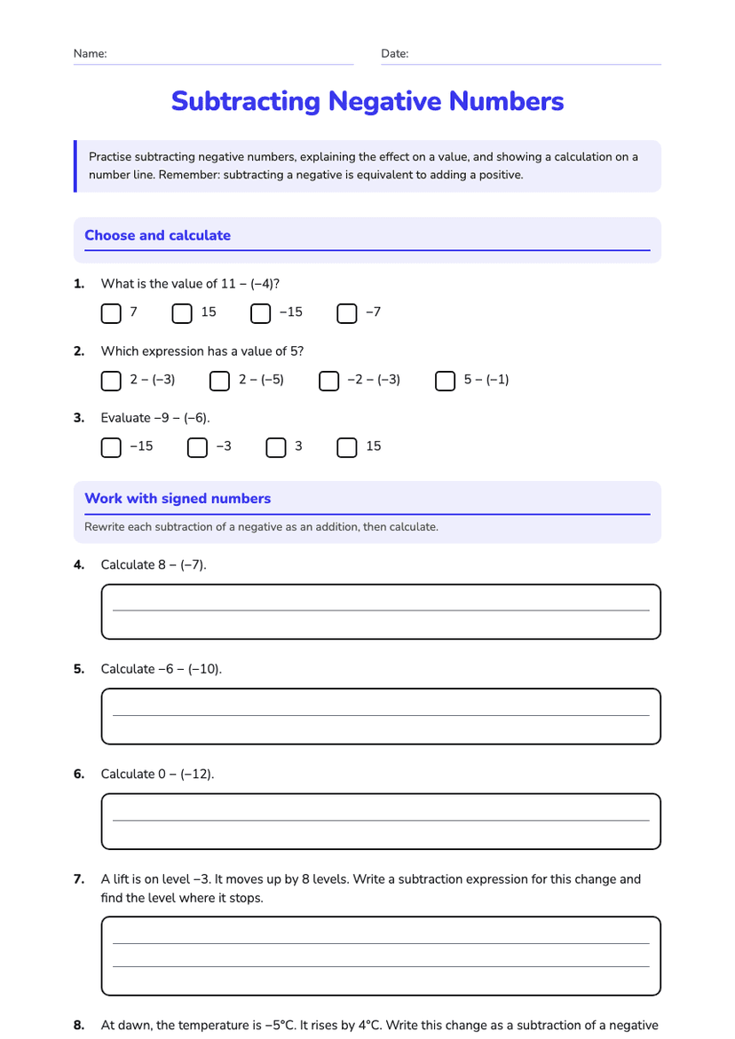 Subtracting Negative Numbers