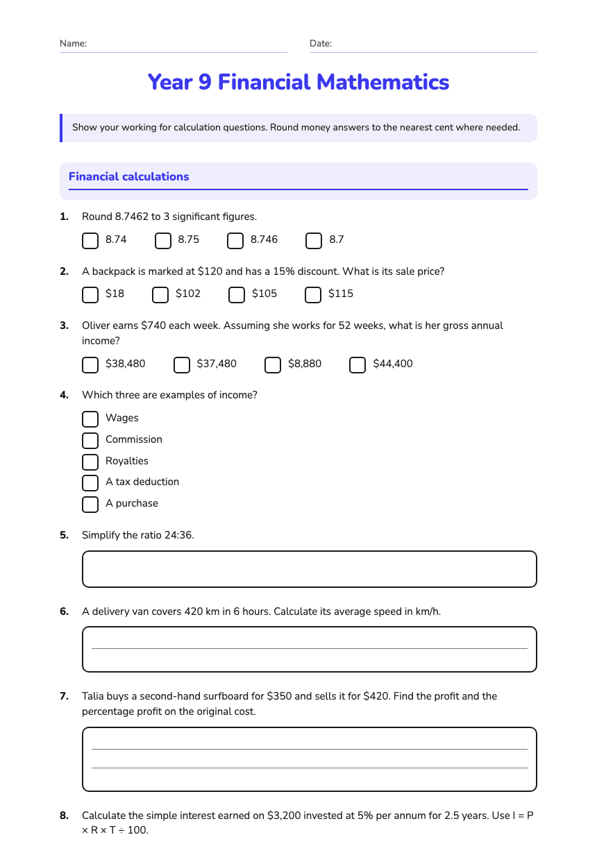 Year 9 Financial Mathematics worksheet preview