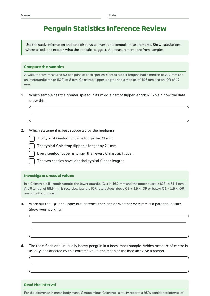 Penguin Statistics Inference Review worksheet preview