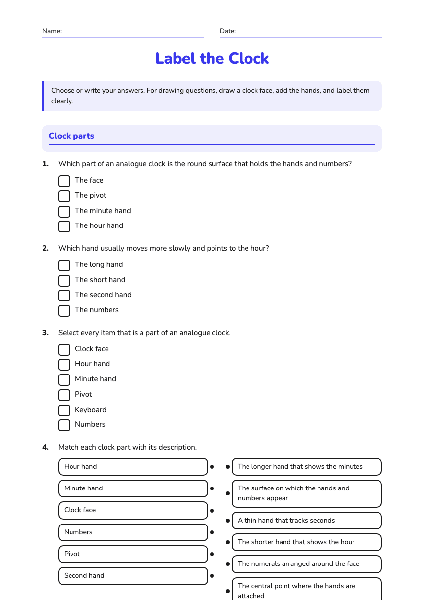 Label the Clock worksheet preview