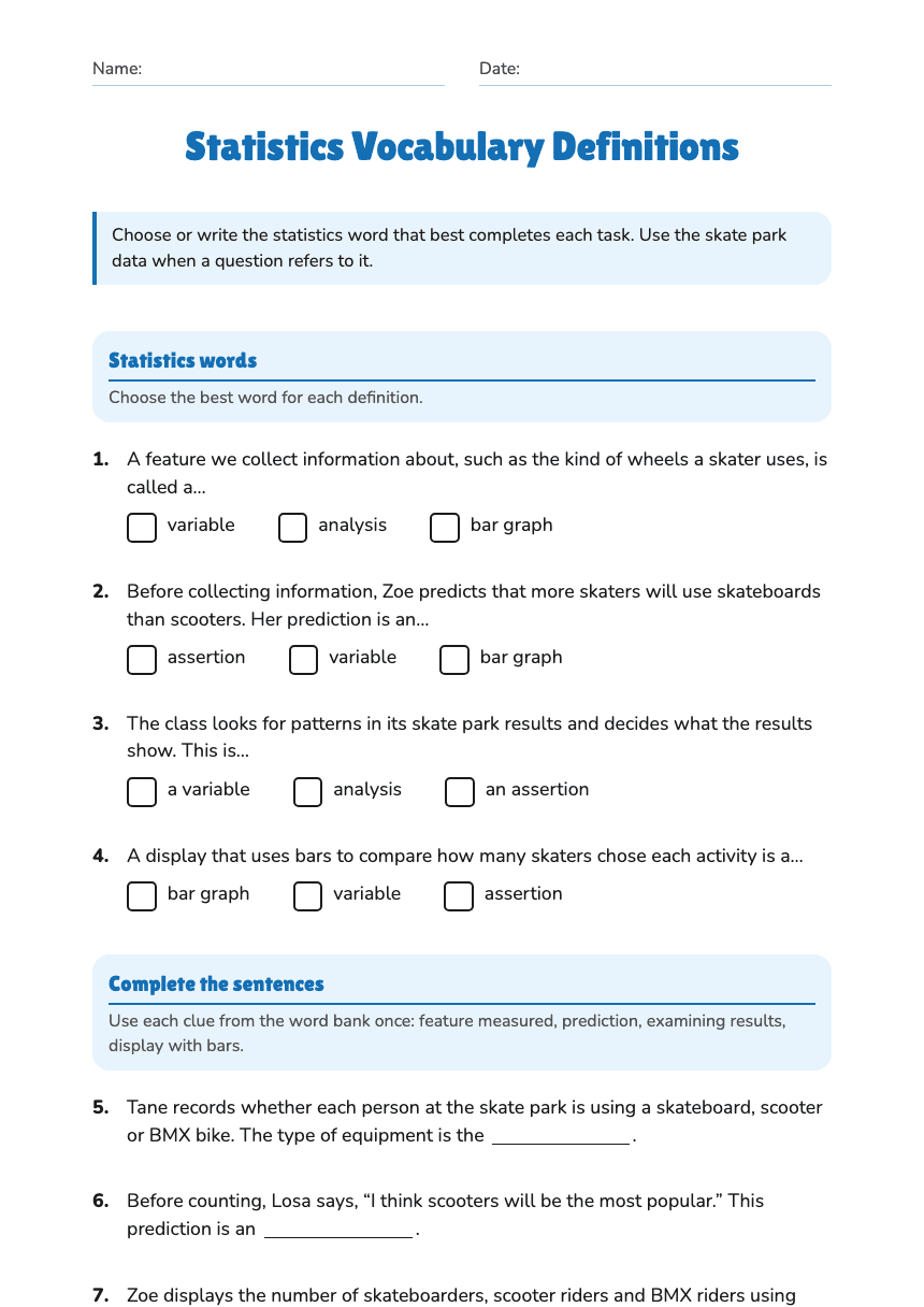 Statistics Vocabulary Definitions worksheet preview