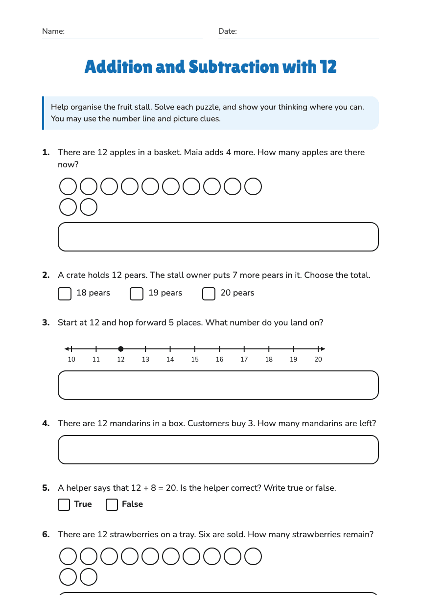 Addition and Subtraction with 12 worksheet preview
