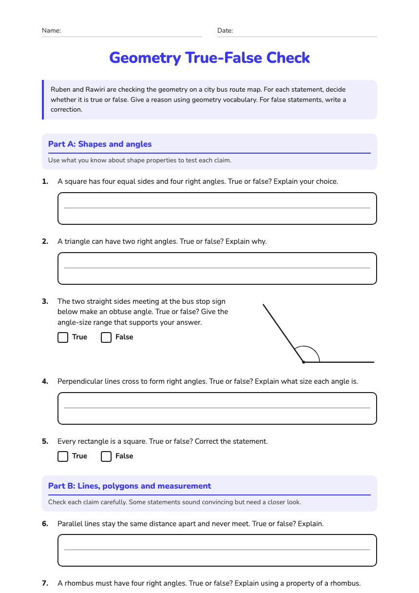 Geometry True-False Check worksheet preview
