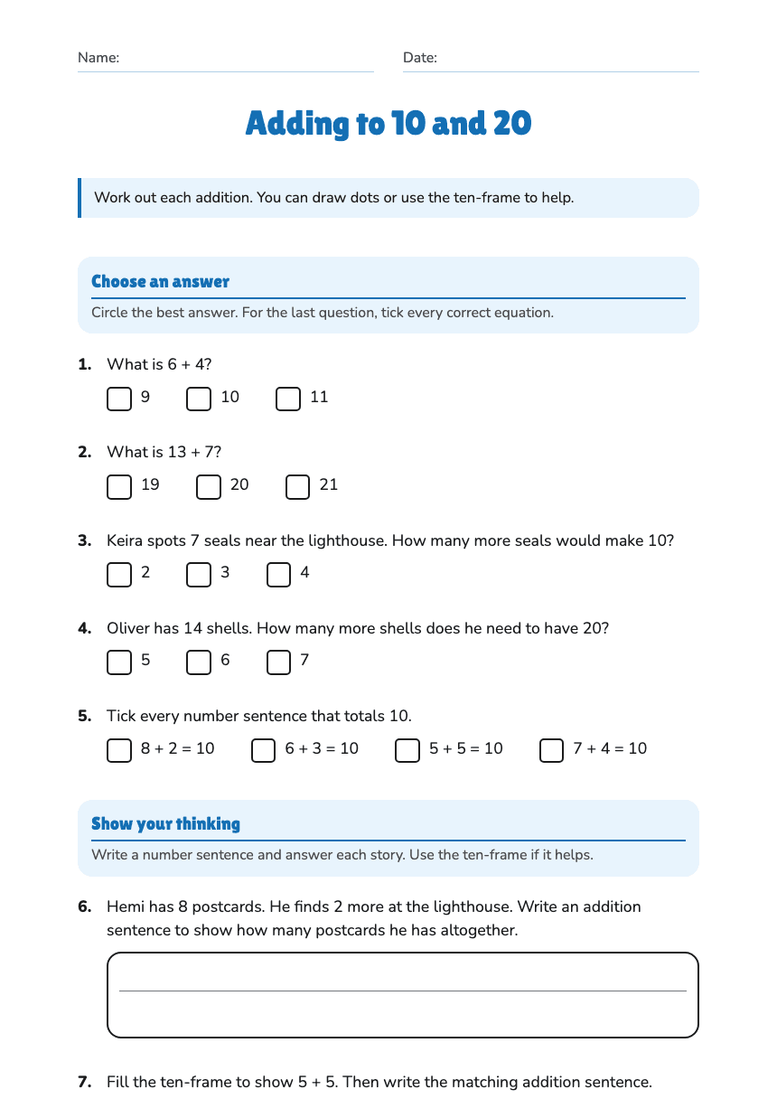 Adding to 10 and 20 worksheet preview