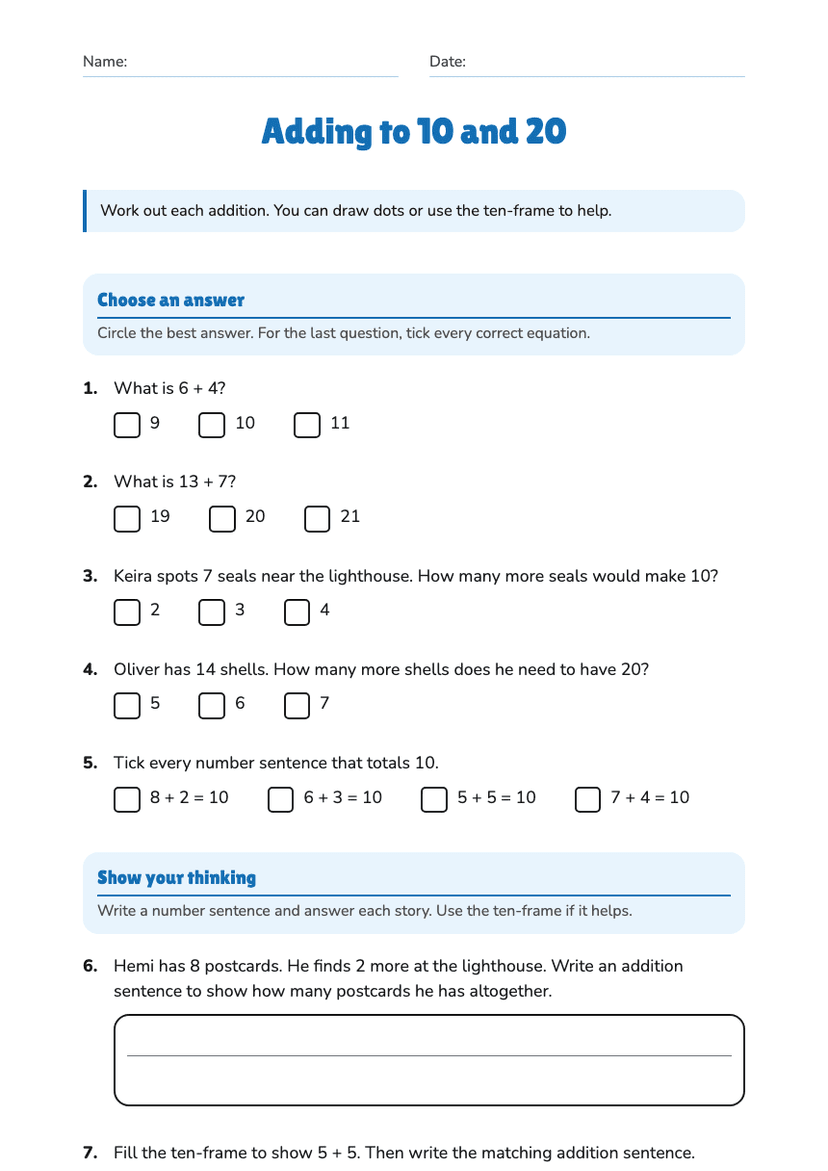 Adding to 10 and 20