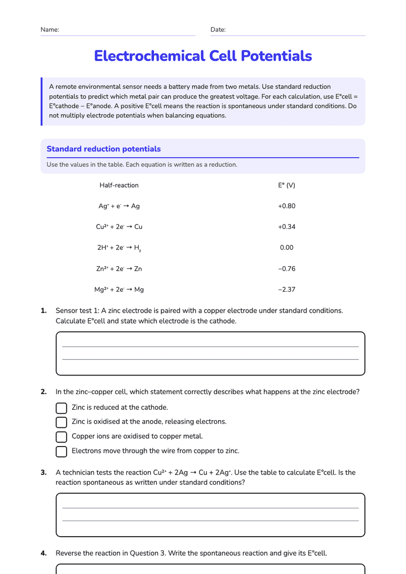 Electrochemical Cell Potentials