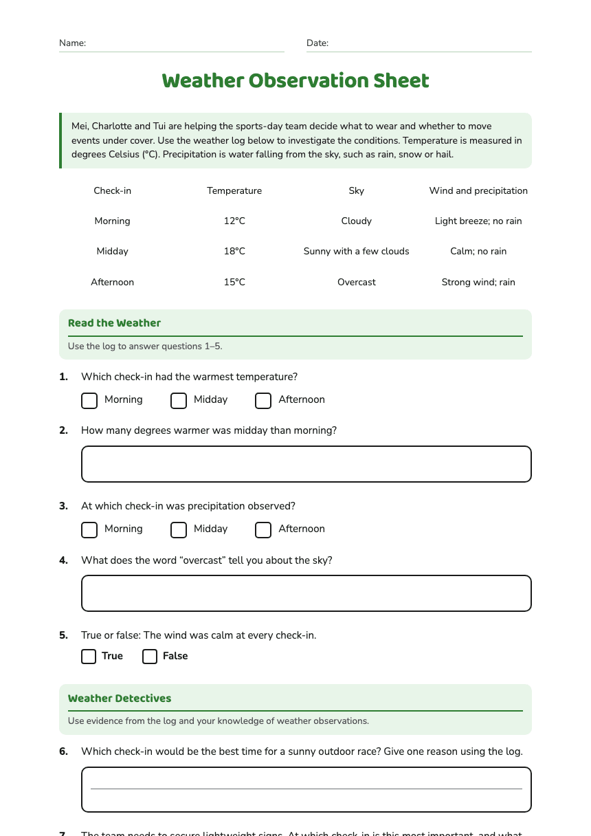 Weather Observation Sheet worksheet preview