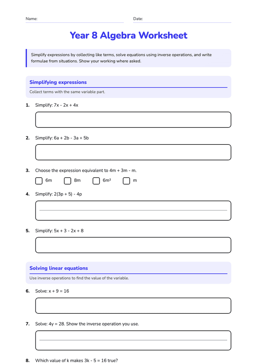 Year 8 Algebra Worksheet