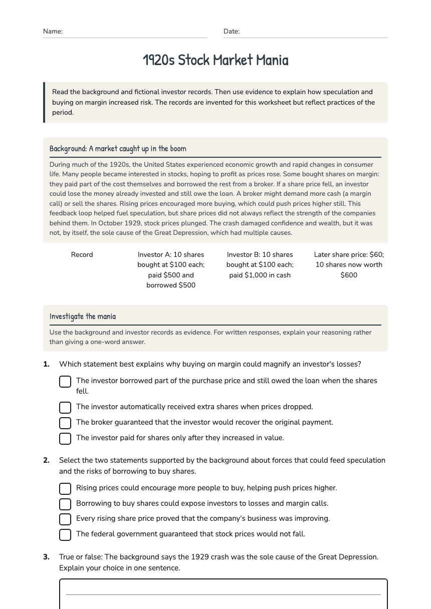 1920s Stock Market Mania worksheet preview