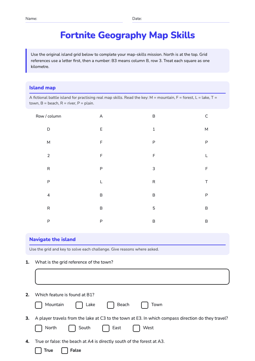 Fortnite Geography Map Skills worksheet preview