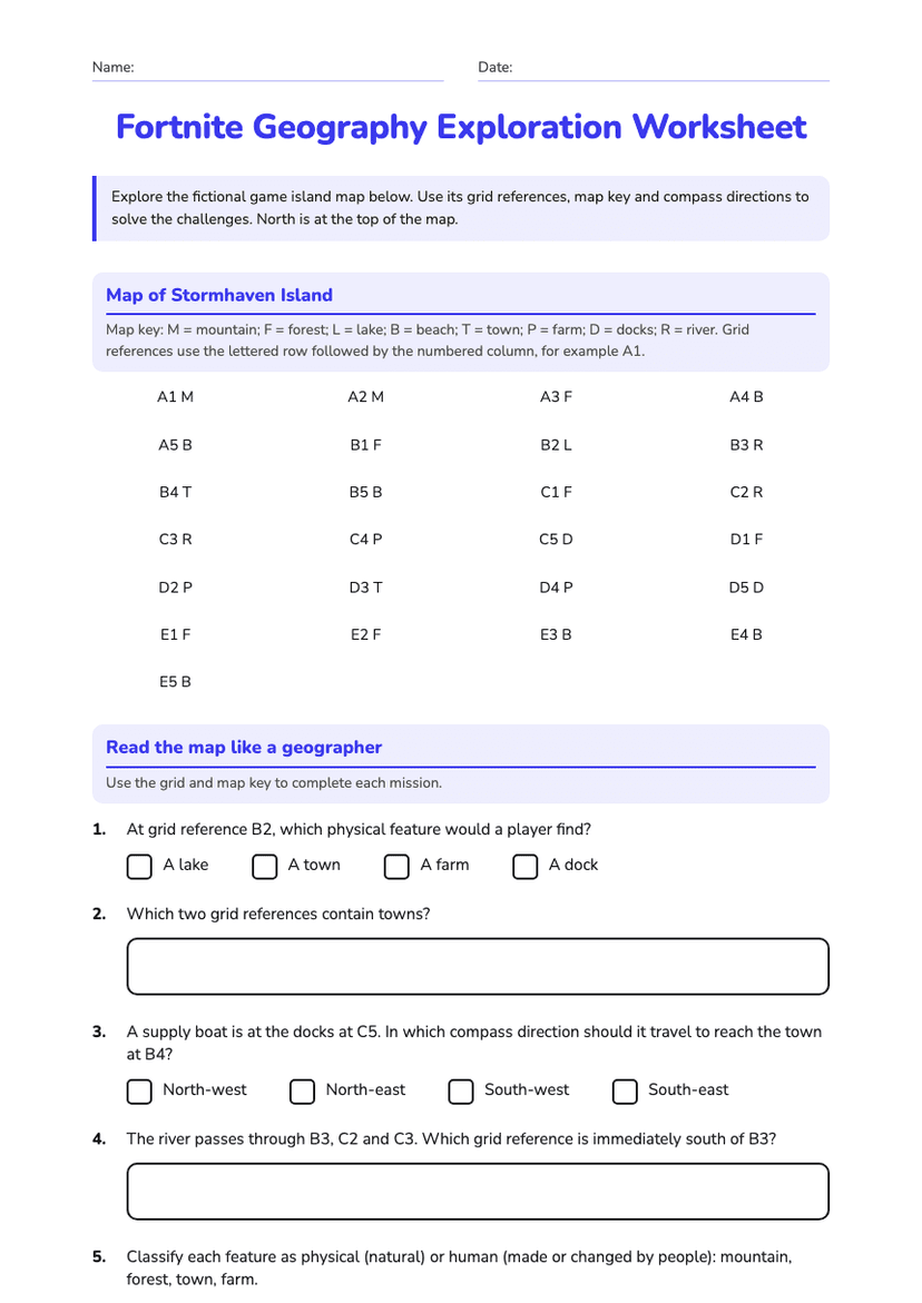 Fortnite Geography Exploration Worksheet