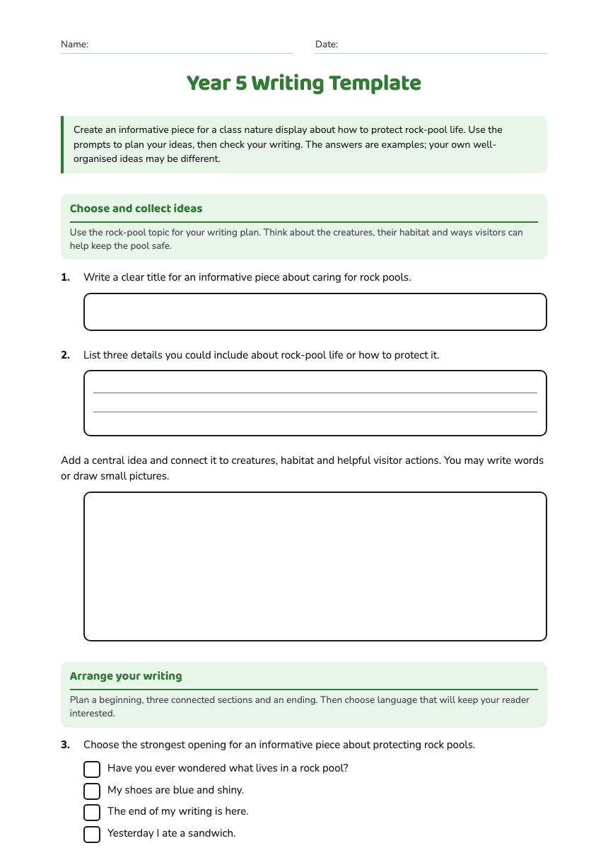 Year 5 Writing Template worksheet preview