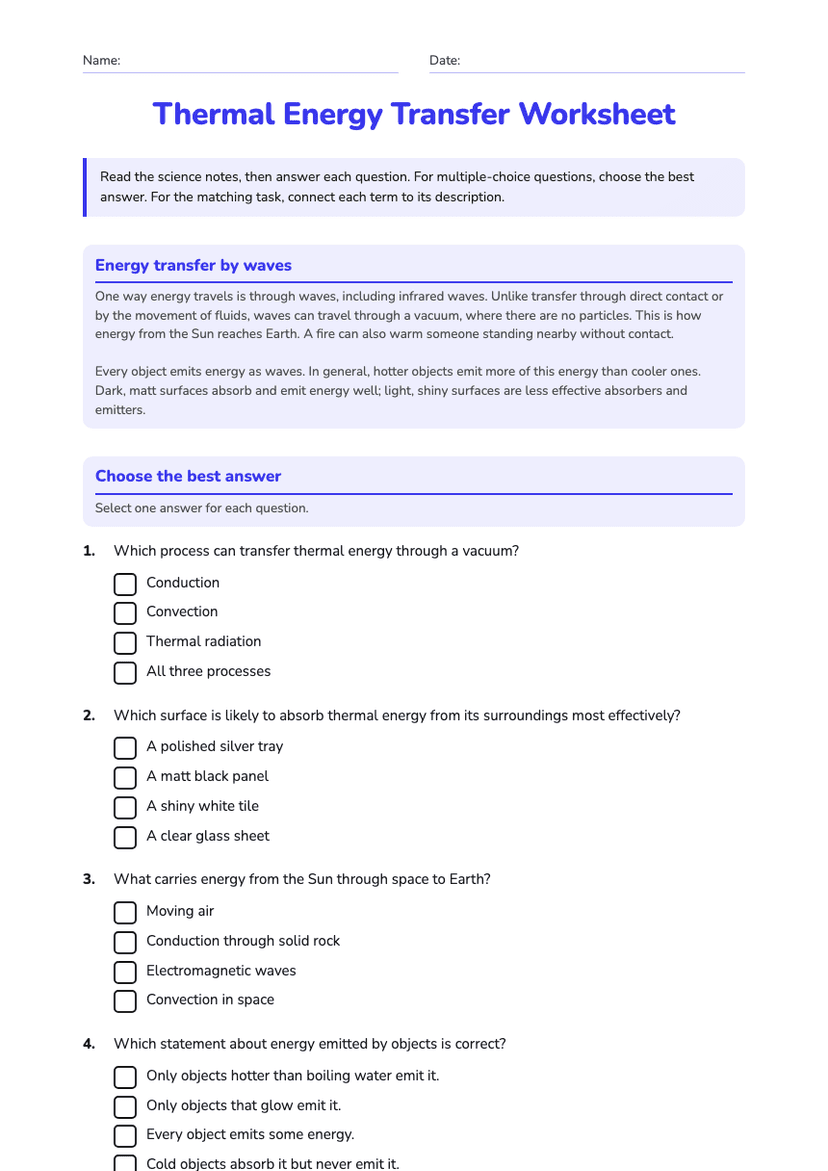 Thermal Energy Transfer Worksheet