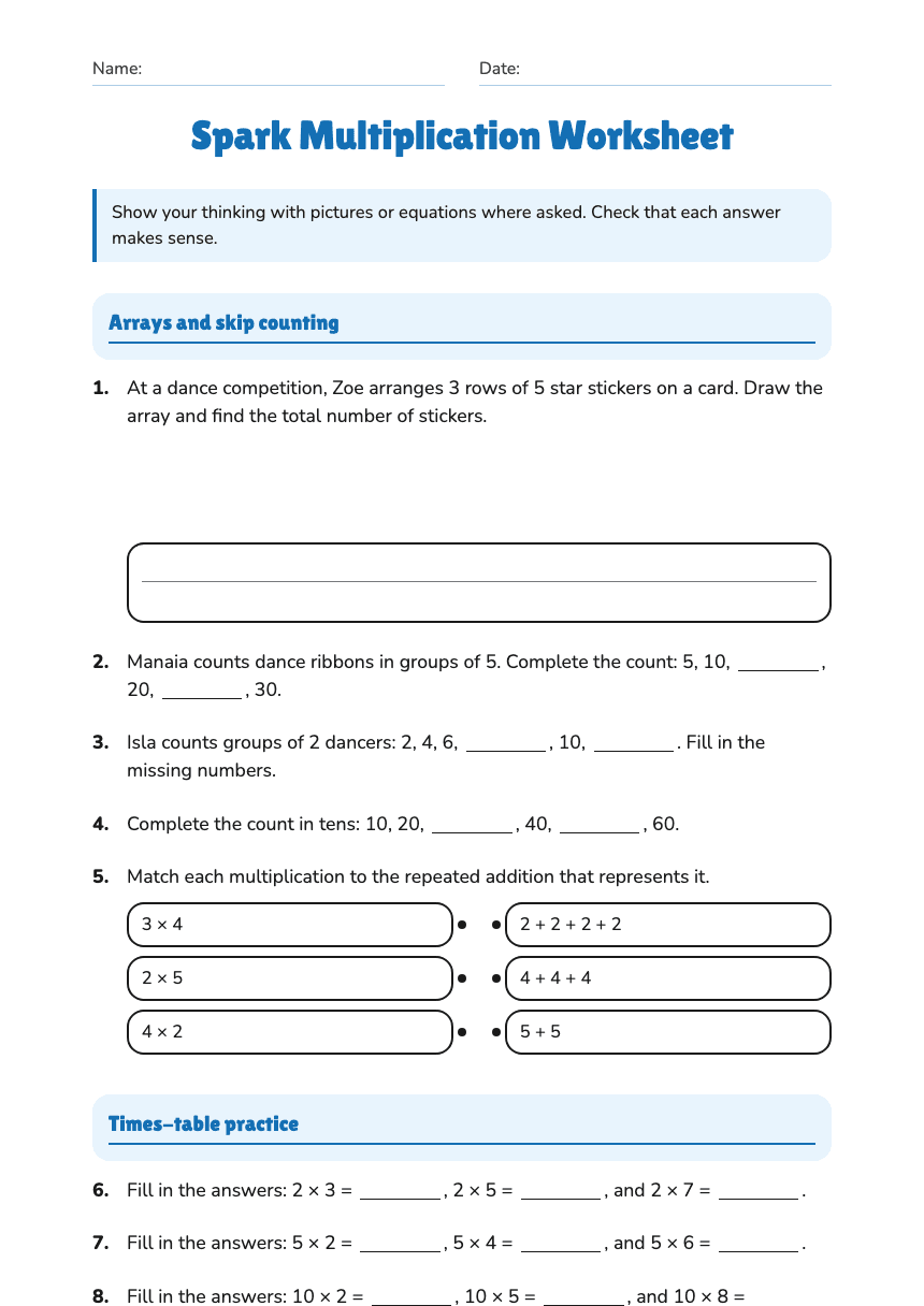Spark Multiplication Worksheet worksheet preview