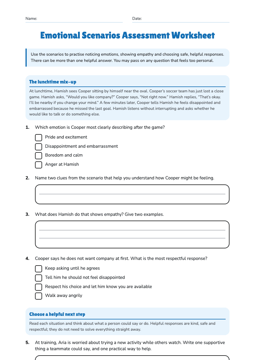 Emotional Scenarios Assessment Worksheet worksheet preview