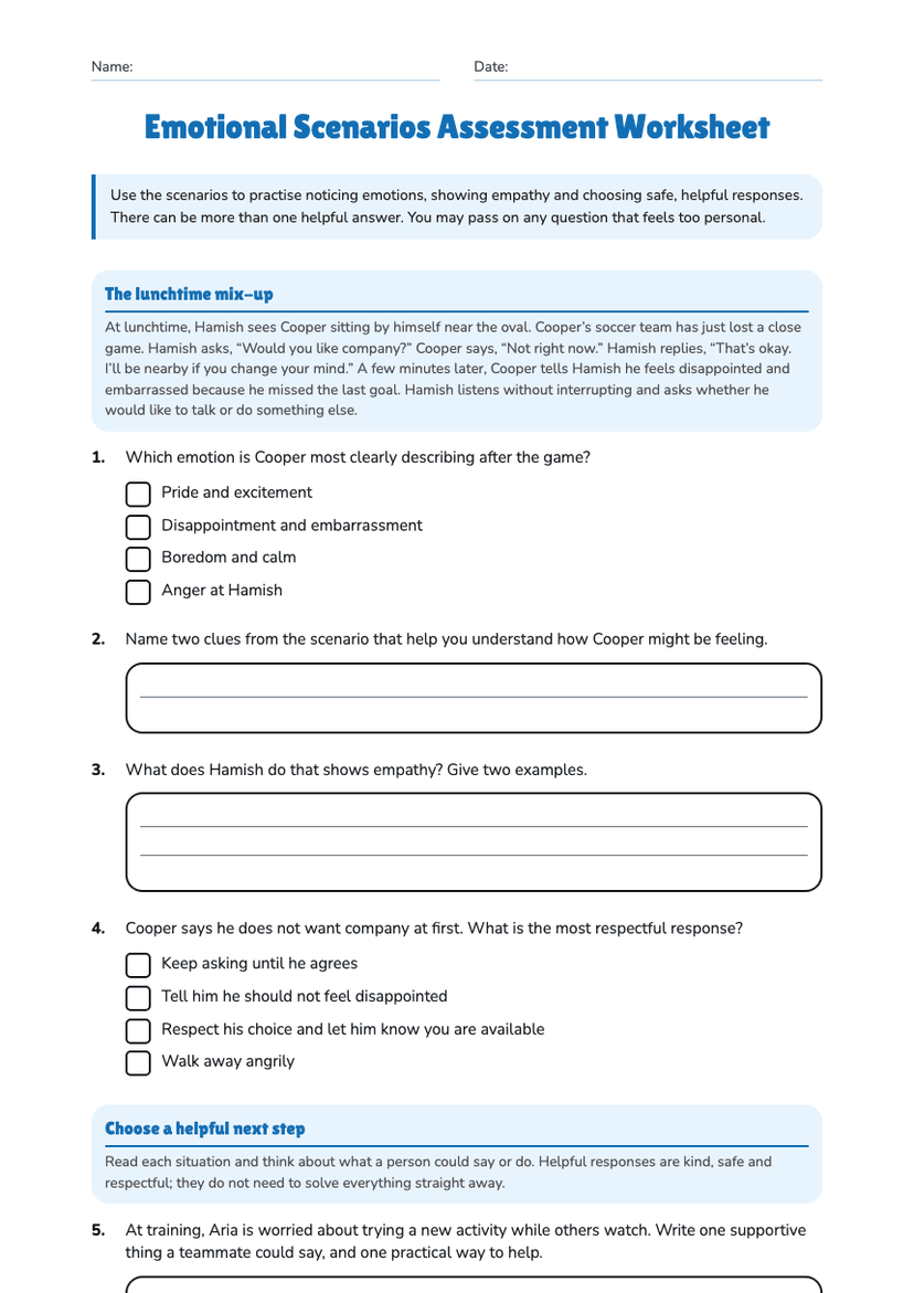 Emotional Scenarios Assessment Worksheet
