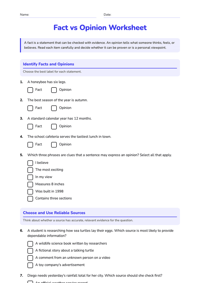 Fact vs Opinion Worksheet