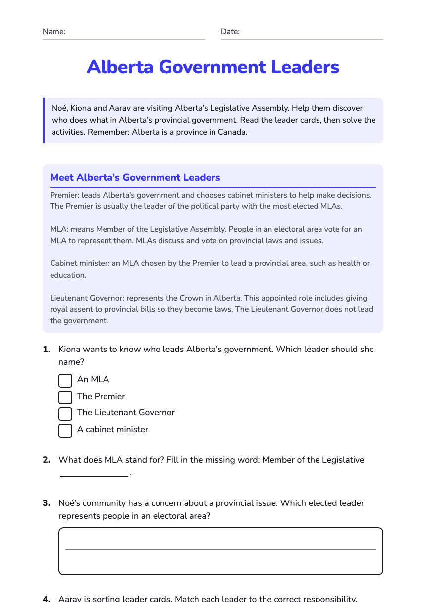 Alberta Government Leaders worksheet preview